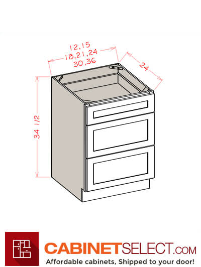 WS-3DB30: Shaker White 30″ Three Drawer Base Cabinet