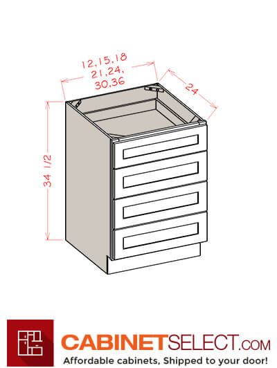 SG-4DB12: Shaker Grey 12″ Four Drawer Base Cabinet