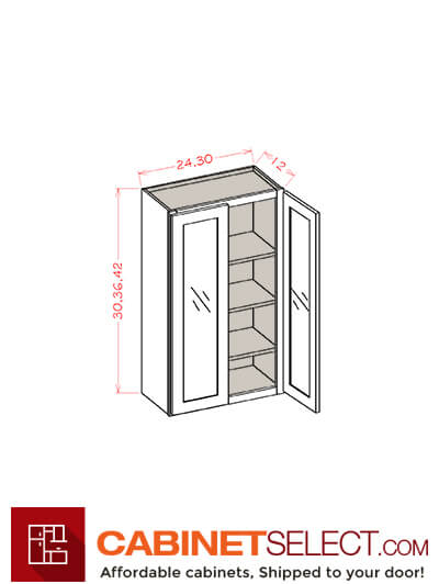 SG-W3036GD: Shaker Grey 30″ Glass Door Wall Cabinet Double Door 36″ Tall
