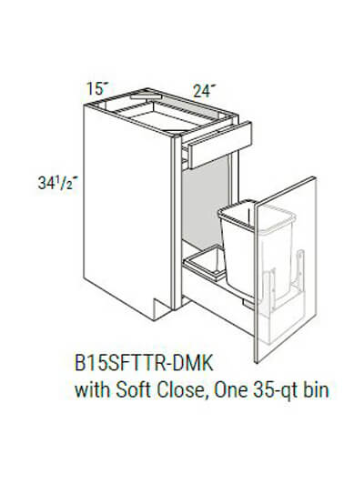 UB-B15SFTTR-DMK: Upton Brown Single Door, Single Drawer Base Cabinet w/ Soft-Close Trash Pullout 15″W