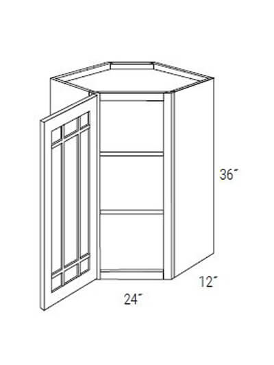 Bay Shaker Light Grey 24x36x12 Single Glass Door Wall Diagonal Corner Cabinet (With Prairie Style Mullions)