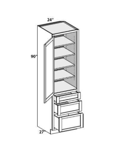 Rockport Walnut 24″x90″x27″ Single Door, Triple Drawer Pantry Cabinet