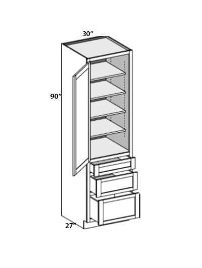 Rockport Grey 30″x90″x27″ Single Door, Triple Drawer Pantry Cabinet