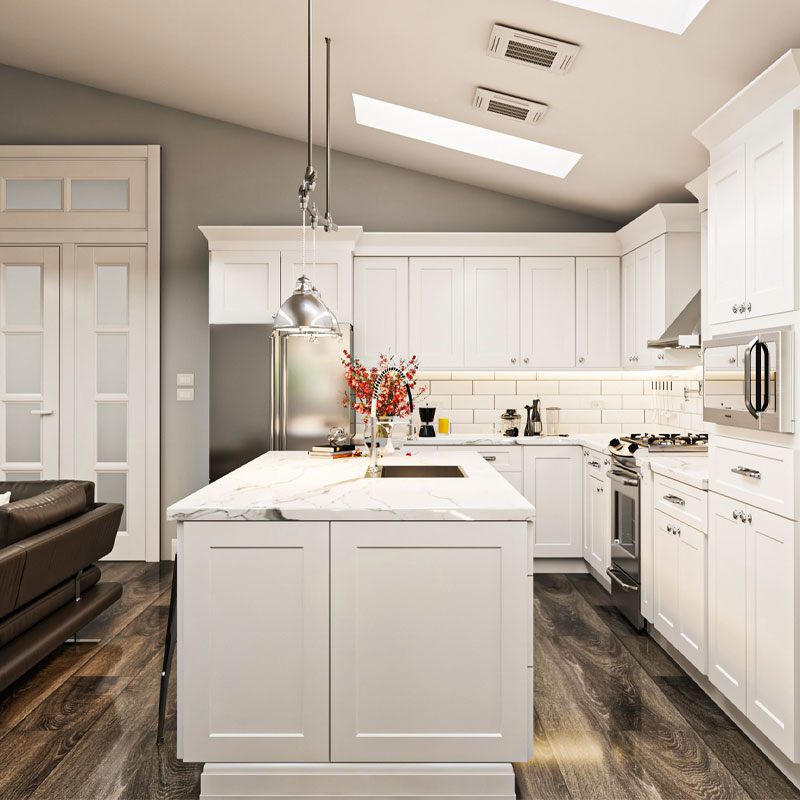 Galley Kitchen with island | Pristine Shaker White Cabinets | CabinetSelect.com