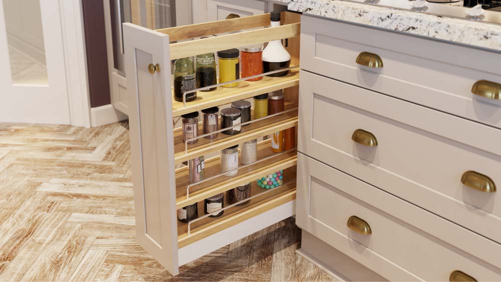 Pull Out Spice Rack Close Up Kitchen Cabinets Accessories | Kitchen Design Inspiration | Cabinetselect.com