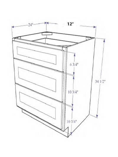 Natural Brown Shaker 12″ Three Drawer Base Cabinet