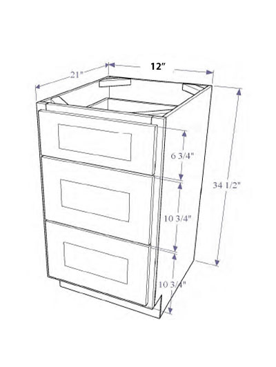 Natural Brown Shaker 12″ Three Drawer Vanity Base Cabinet