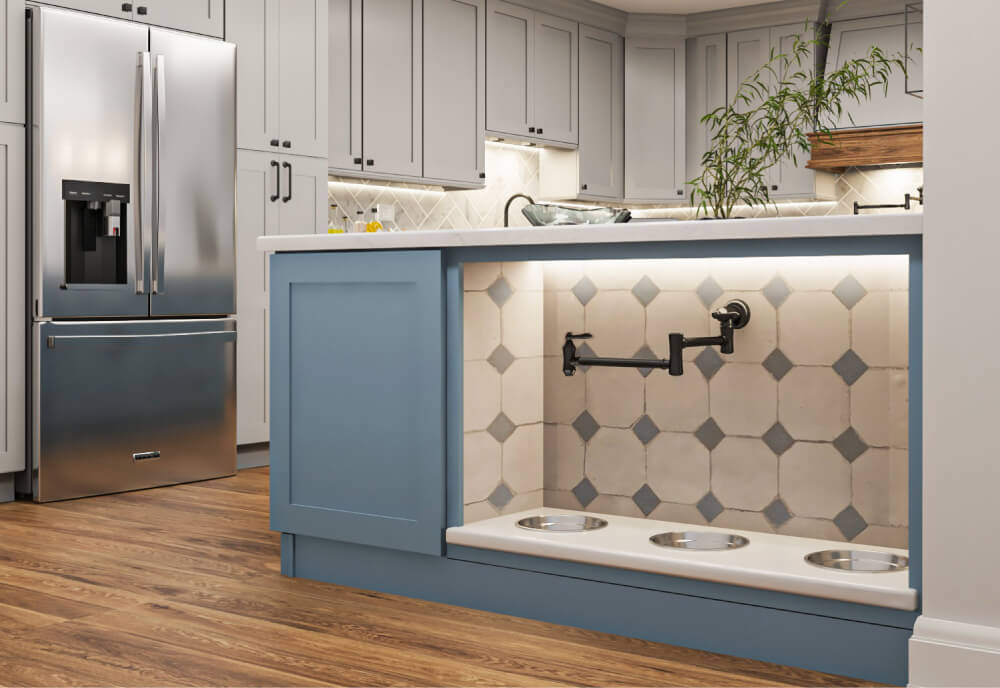 Xterra Blue Lait Grey Shaker Kitchen Pet Watering Station | Kitchen Design Inspiration | Cabinetselect.com