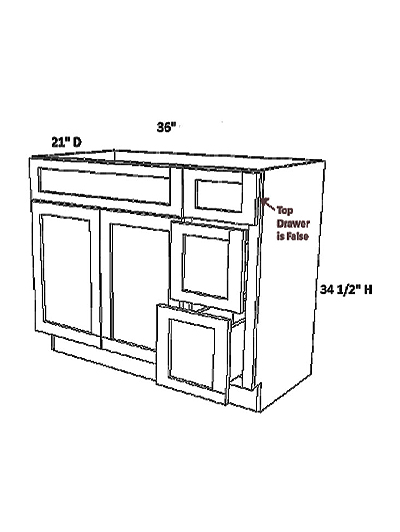 Unfinished Shaker Vanity Base Cabinet, Drawers On Right 36″