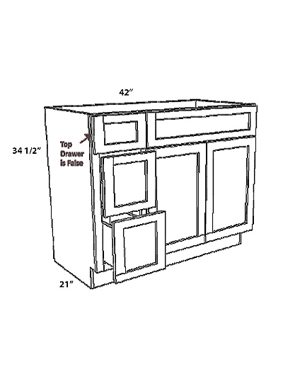 Unfinished Shaker Vanity Base Cabinet, Drawers On Left 42″