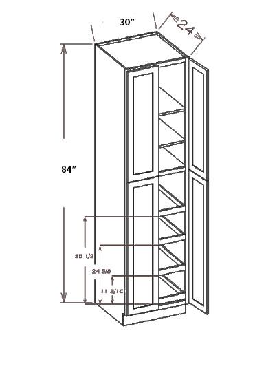 OM-U3084244RS: Oxford Mist 30″ Four Door Utility, Four Rollout Shelf Cabinet 84″ H