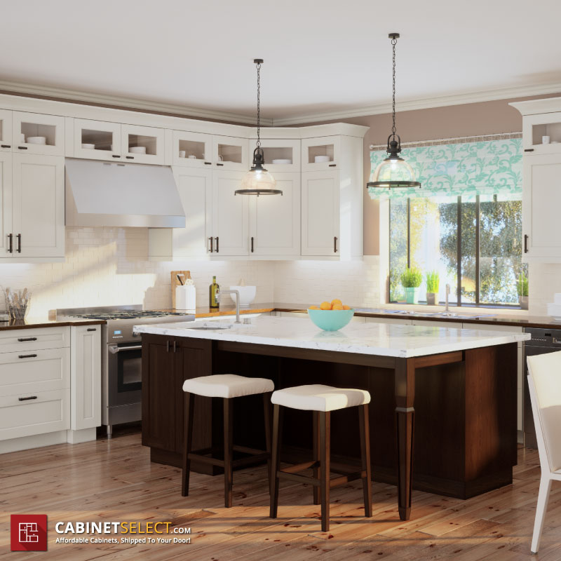 Shaker Antique White Cabinets Espresso Island