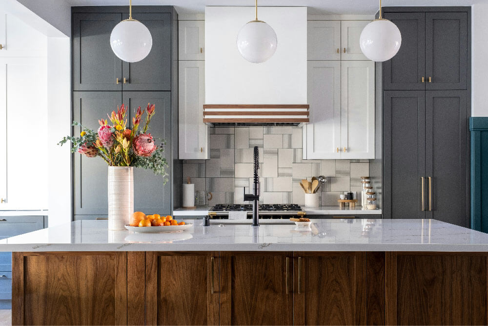 Modern Kitchen Shaker White Grey Cabinets Wooden Island | Kitchen Design Inspiration | Cabinetselect.com