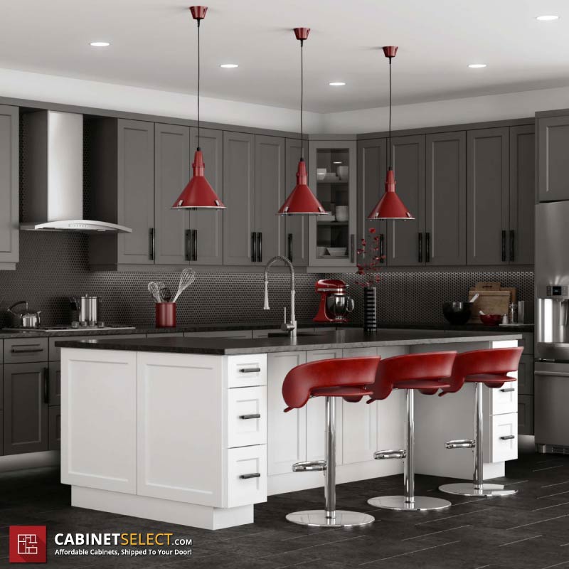 Shaker White Island Grey Cabinets Red Accents