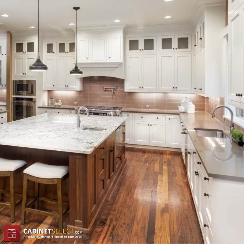 White Shaker Cabinets Brown Wooden Island