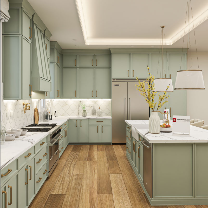 Avalon Slim Shaker Sage Green Kitchen Closeup | Cabinet Select