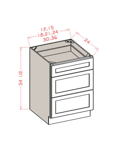 Black Shaker 36 in. W x 24 in. D x 34.5 in. H Three Drawer Base Cabinet