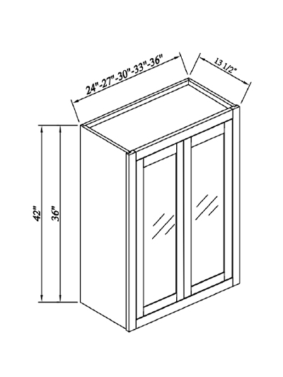 Inset Brown Slab Shaker Double Glass Door Wall Cabinet 24”W*42”H*13 1/2”D