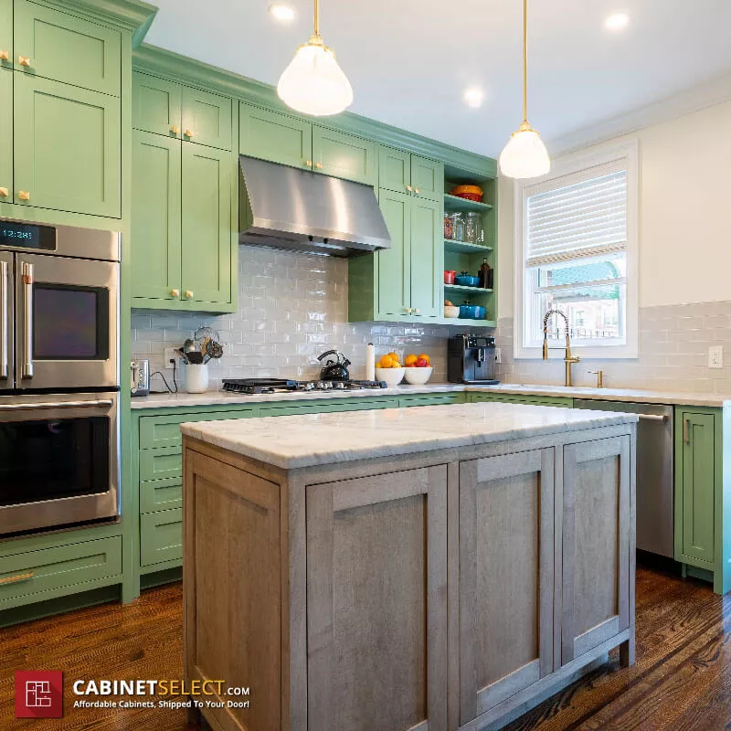 Light Wood Cabinets with Green Island: Elegant Eco-Chic Design