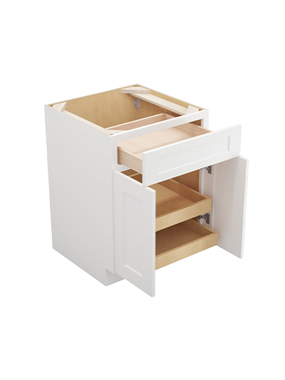 WS-B242RS: Shaker White 24″ Double Door Single Drawer Two Rollout Shelf Base Kit