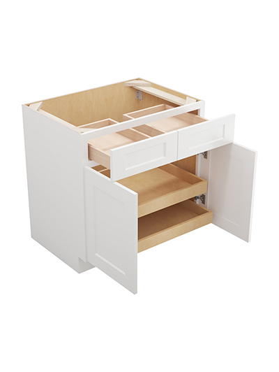 WS-B332RS: Shaker White 33″ Double Door Double Drawer Two Rollout Shelf Base Kit