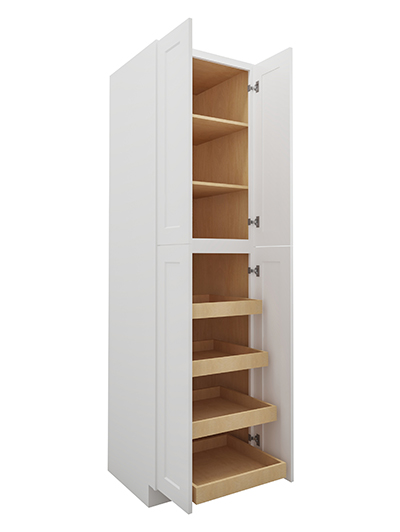 WS-U2490244RS: Shaker White 24″ Four Door Utility, Four Rollout Shelf Cabinet 90″ H
