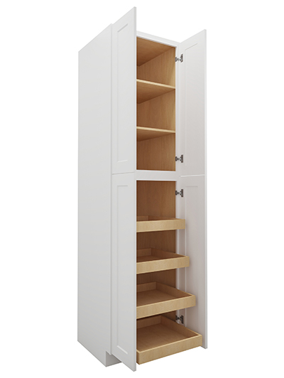 WS-U2496244RS: Shaker White 24″ Four Door Utility, Four Rollout Shelf Cabinet 96″ H
