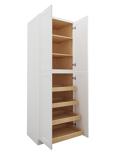 WS-U3090244RS: Shaker White 30″ Four Door Utility, Four Rollout Shelf Cabinet 90″ H
