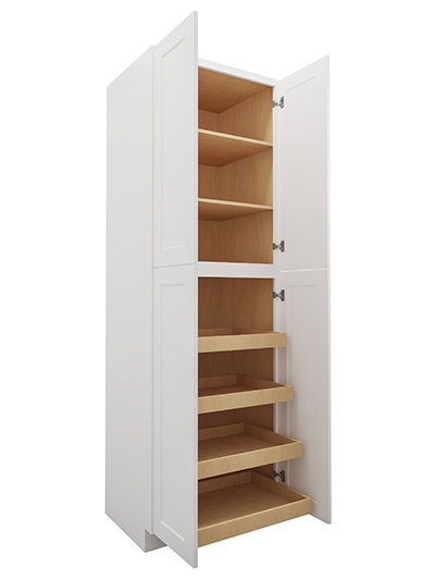 WS-U3096244RS: Shaker White 30″ Four Door Utility, Four Rollout Shelf Cabinet 96″ H
