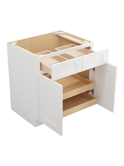 WS-B302RS: Shaker White 30″ Double Door Double Drawer Two Rollout Shelf Base Kit