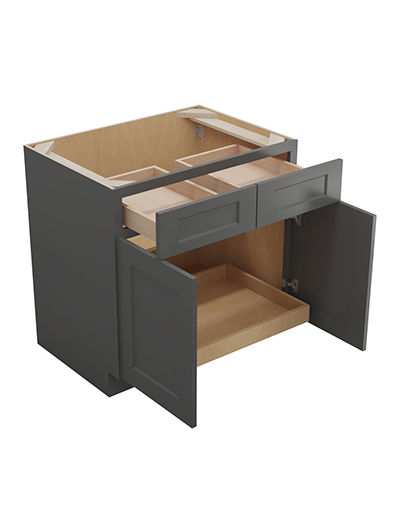 SG-B331RS: Shaker Grey 33″ Double Door Double Drawer One Rollout Shelf Base Kit