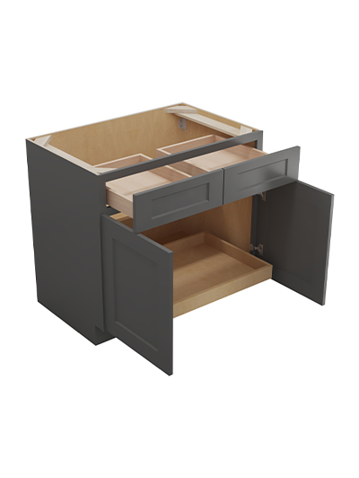 SG-B361RS: Shaker Grey 36″ Double Door Double Drawer One Rollout Shelf Base Kit