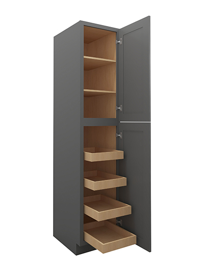SG-U1884244RS: Shaker Grey Tall Cabinets – 18″ Two Door Utility, Four Rollout Shelf Cabinet 84″ H