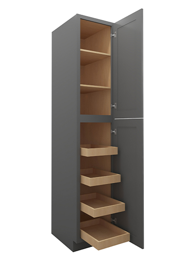 SG-U1890244RS: Shaker Grey 18″ Two Door Utility, Four Rollout Shelf Cabinet 90″ H
