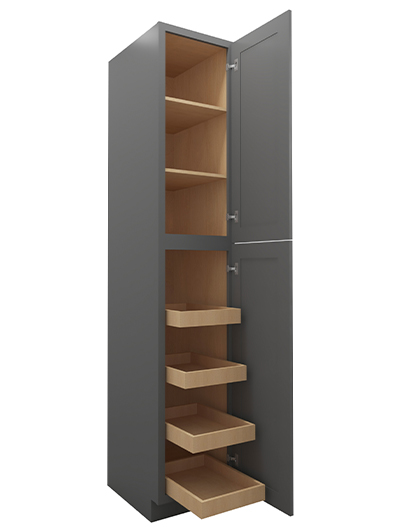 SG-U1896244RS: Shaker Grey 18″ Two Door Utility, Four Rollout Shelf Cabinet 96″ H