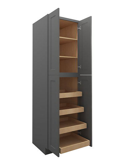 SG-U2484244RS: Shaker Grey 24″ Four Door Utility, Four Rollout Shelf Cabinet 84″ H