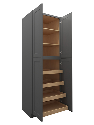 SG-U3090244RS: Shaker Grey 30″ Four Door Utility, Four Rollout Shelf Cabinet 90″ H