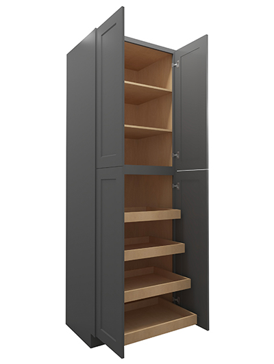 SG-U3096244RS: Shaker Grey 30″ Four Door Utility, Four Rollout Shelf Cabinet 96″ H