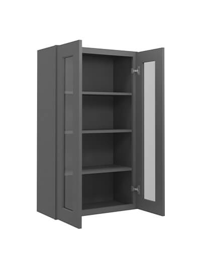 SG-W2442GD: Shaker Grey 24″ Glass Door Wall Cabinet Double Door 42″ Tall