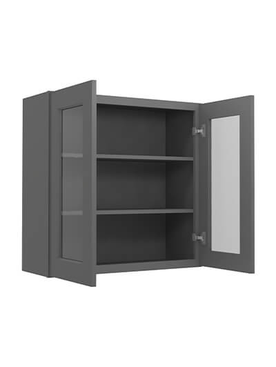 SG-W3030GD: Shaker Grey 30″ Glass Door Wall Cabinet Double Door 30″ Tall