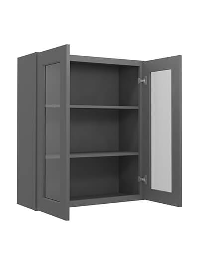 SG-W3036GD: Shaker Grey 30″ Glass Door Wall Cabinet Double Door 36″ Tall