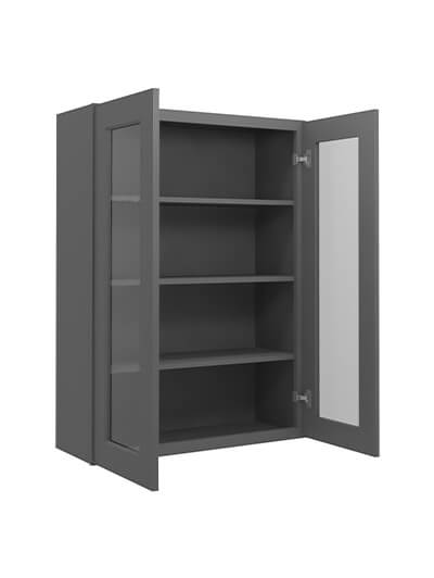 SG-W3042GD: Shaker Grey 30″ Glass Door Wall Cabinet Double Door 42″ Tall