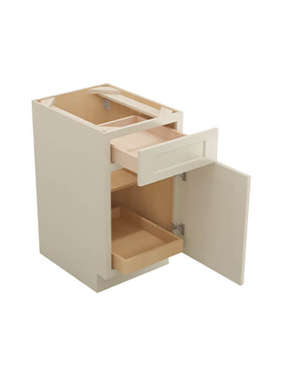 SA-B181RS: Shaker Antique White 18″ Single Door Single Drawer One Rollout Shelf Base Kit