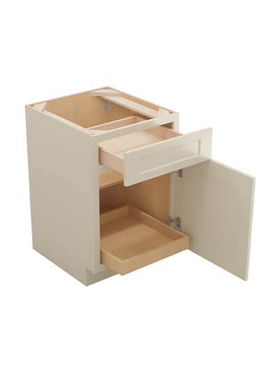 SA-B211RS: Shaker Antique White 21″ Single Door Single Drawer One Rollout Shelf Base Kit
