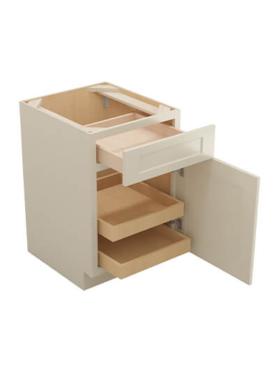 SA-B212RS: Shaker Antique White 21″ Single Door Single Drawer Two Rollout Shelf Base Kit