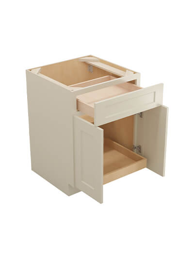 SA-B241RS: Shaker Antique White 24″ Double Door Single Drawer One Rollout Shelf Base Kit