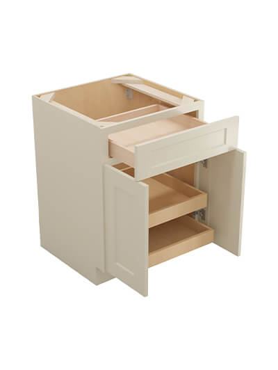 SA-B242RS: Shaker Antique White 24″ Double Door Single Drawer Two Rollout Shelf Base Kit