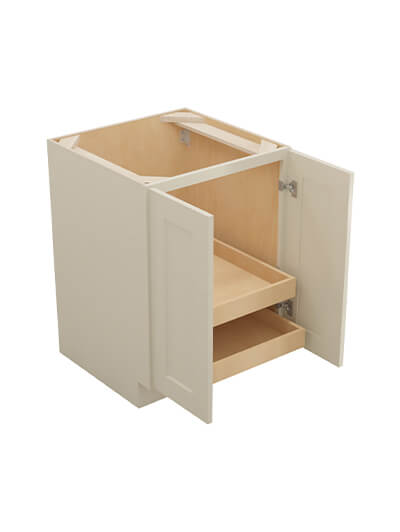 SA-B24FH2RS: Shaker Antique White 24″ Double Full Height Door Two Rollout Shelf Base Kit