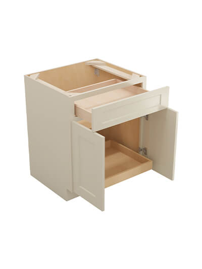 SA-B271RS: Shaker Antique White 27″ Double Door Single Drawer One Rollout Shelf Base Kit