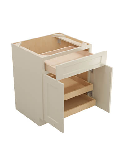 SA-B272RS: Shaker Antique White 27″ Double Door Single Drawer Two Rollout Shelf Base Kit